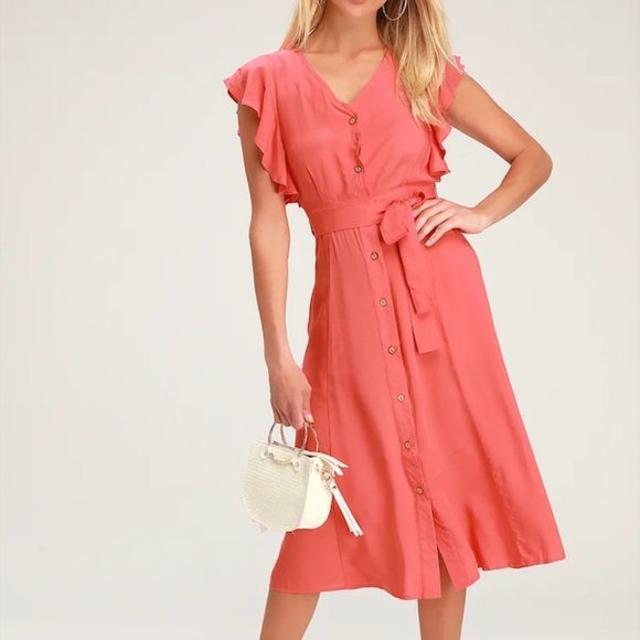 Lulus Dresses & Skirts - Lulus Pink Red Ruffle Short Sleeve Midi Button Down Tie Fit and Flare Long Dress